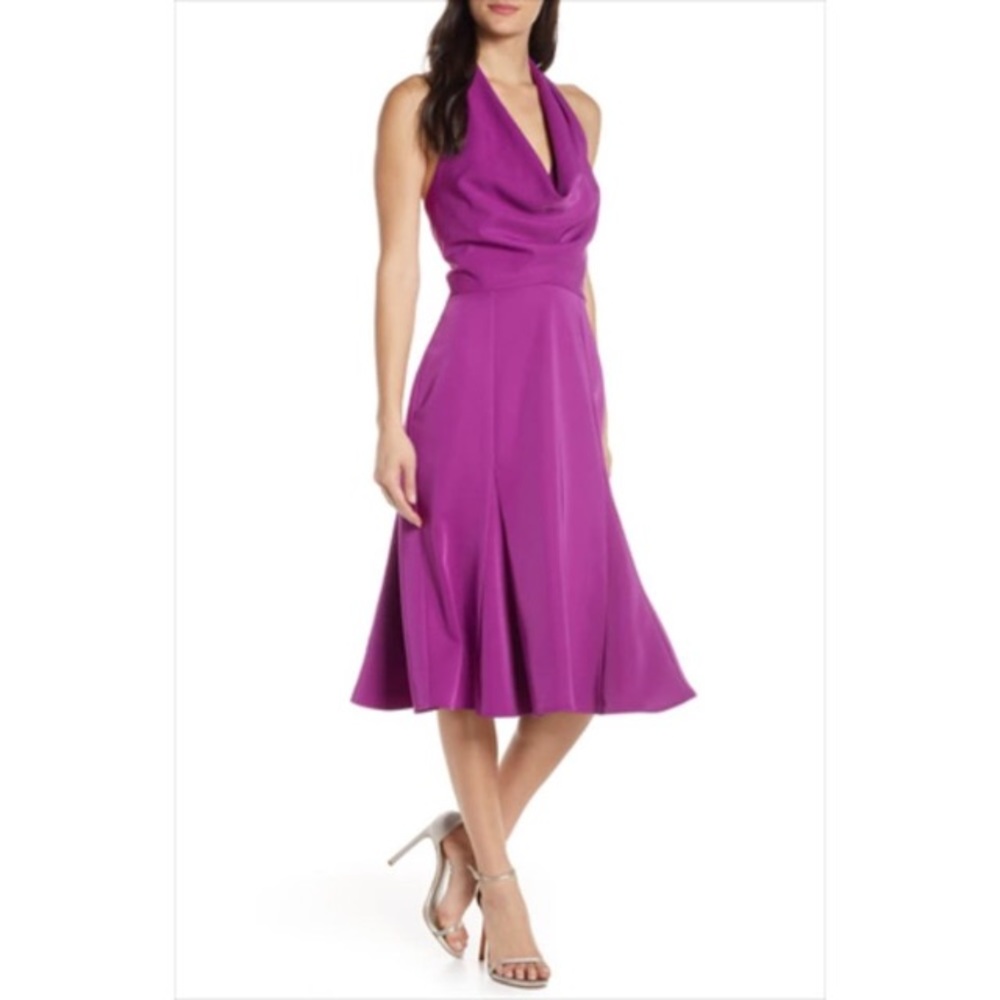 NEW Harlyn Purple Halter Midi Dress Plunge XS